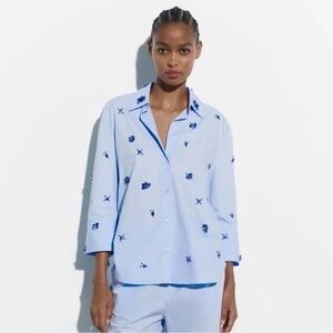 Zara Light Blue Blouse with Dark Blue Embroidery